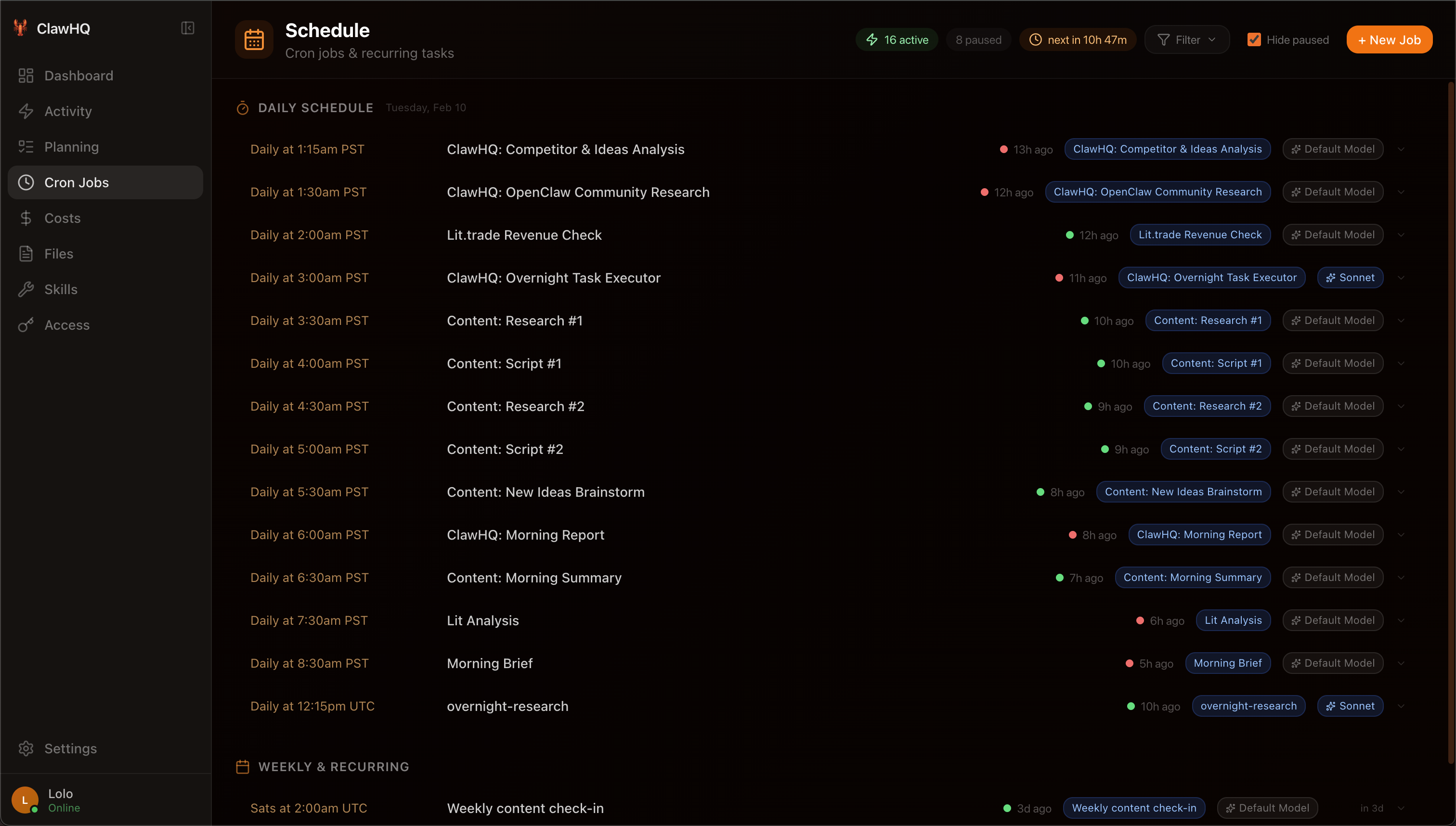 ClawHQ Cron Schedule โ automated agent tasks running daily
